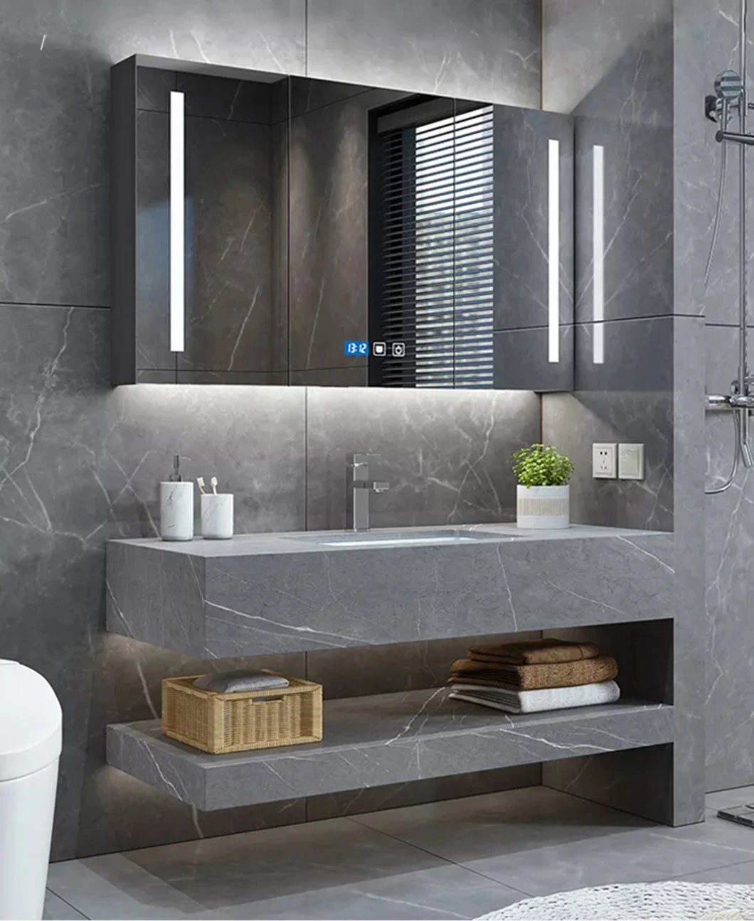 Solid Surface Rock Plate Double Basin Toilet Porcelain Wall Hung Vanity Sink Bathroom Cabinet