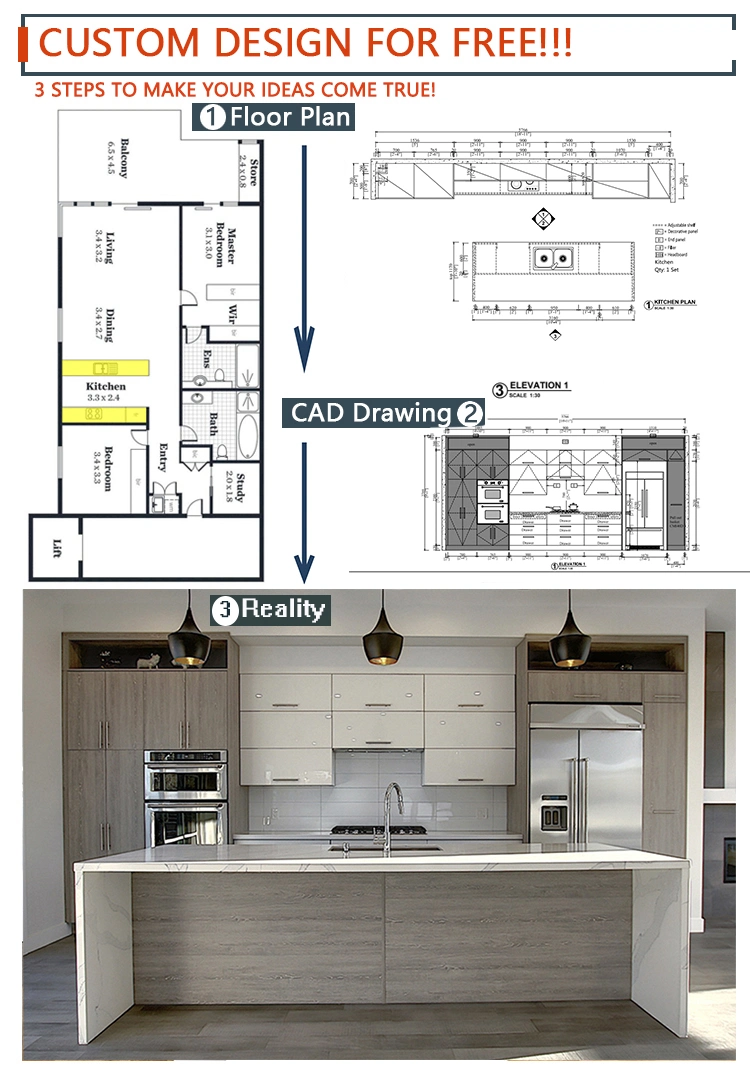 Modern Kitchen Cupboard White Gloss and Wood Grain Laminated Kitchen Cabinet 2023 New Fashion