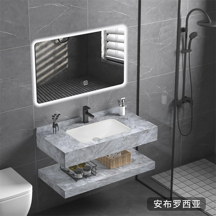 Rock Slab Multi Layer Solid Surface Wash Sink Bathroom Vanity Wash Basin Cabinet with LED Mirror
