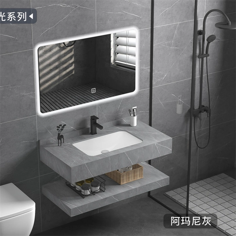 Rock Slab Multi Layer Solid Surface Wash Sink Bathroom Vanity Wash Basin Cabinet with LED Mirror