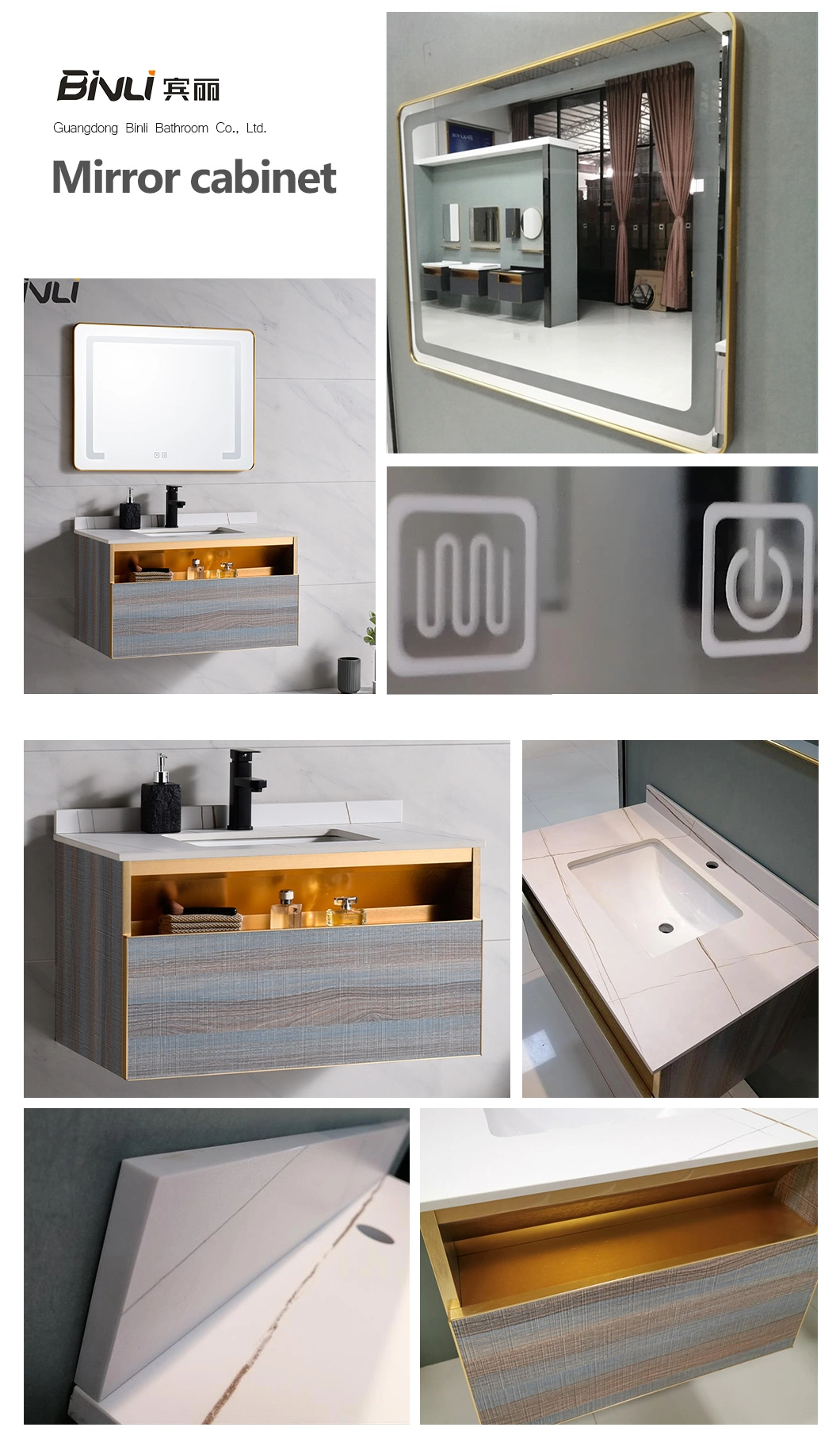 Modern Design Vanity Single Ceramic Sink Bathroom Wall Hung Cabinet with Mirror