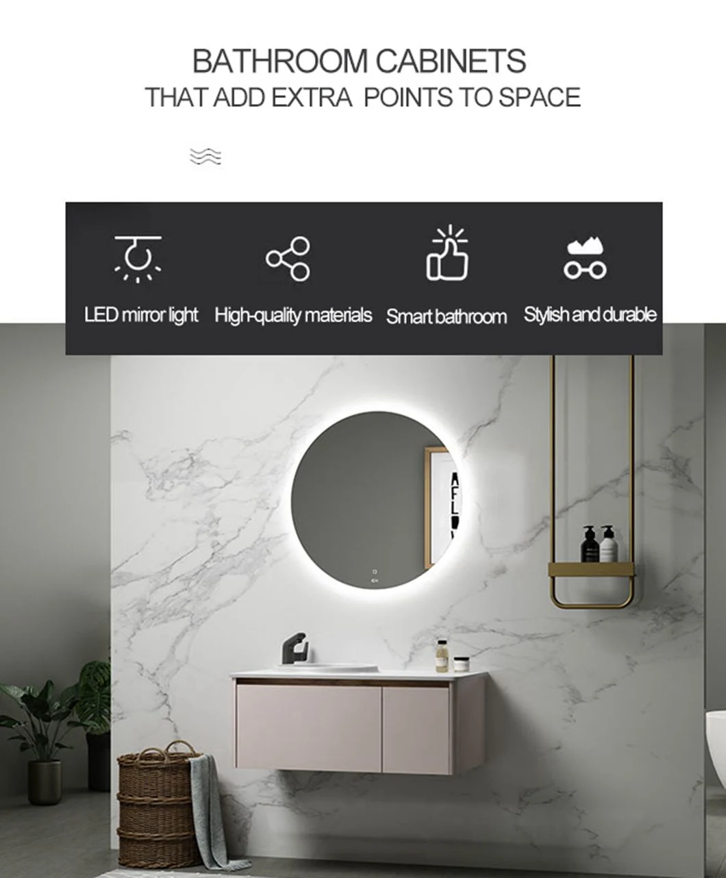 Vama Wall Hung Modern Bathroom Cabinet with White Round Integrated Basin and Thick Countertop Man-Made Stone