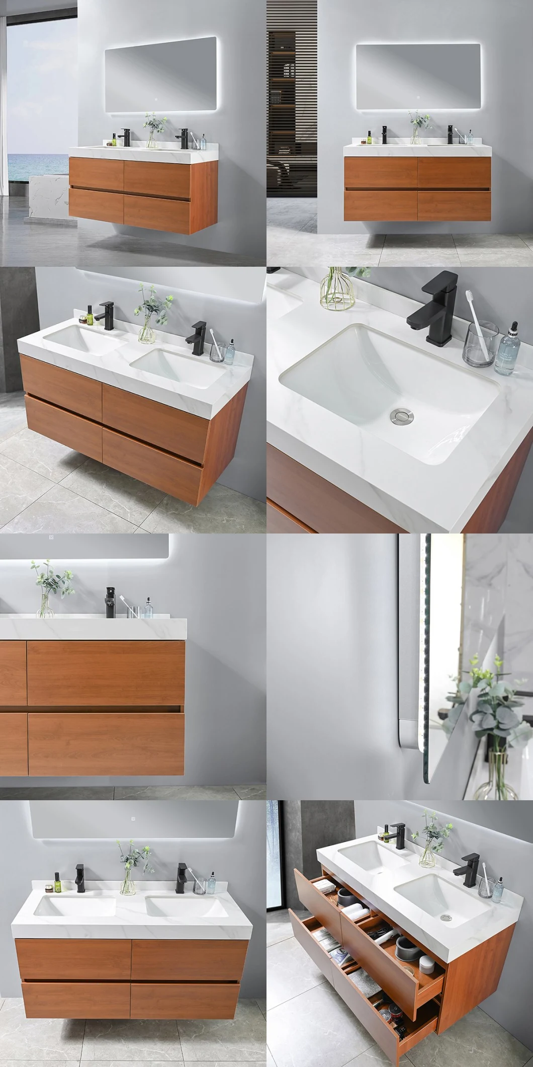 China Supplier Modern Wall Mounted Large 4 Drawer Storage Plywood Cabinet LED Mirror Bathroom Vanity with Double Sink in High Quality