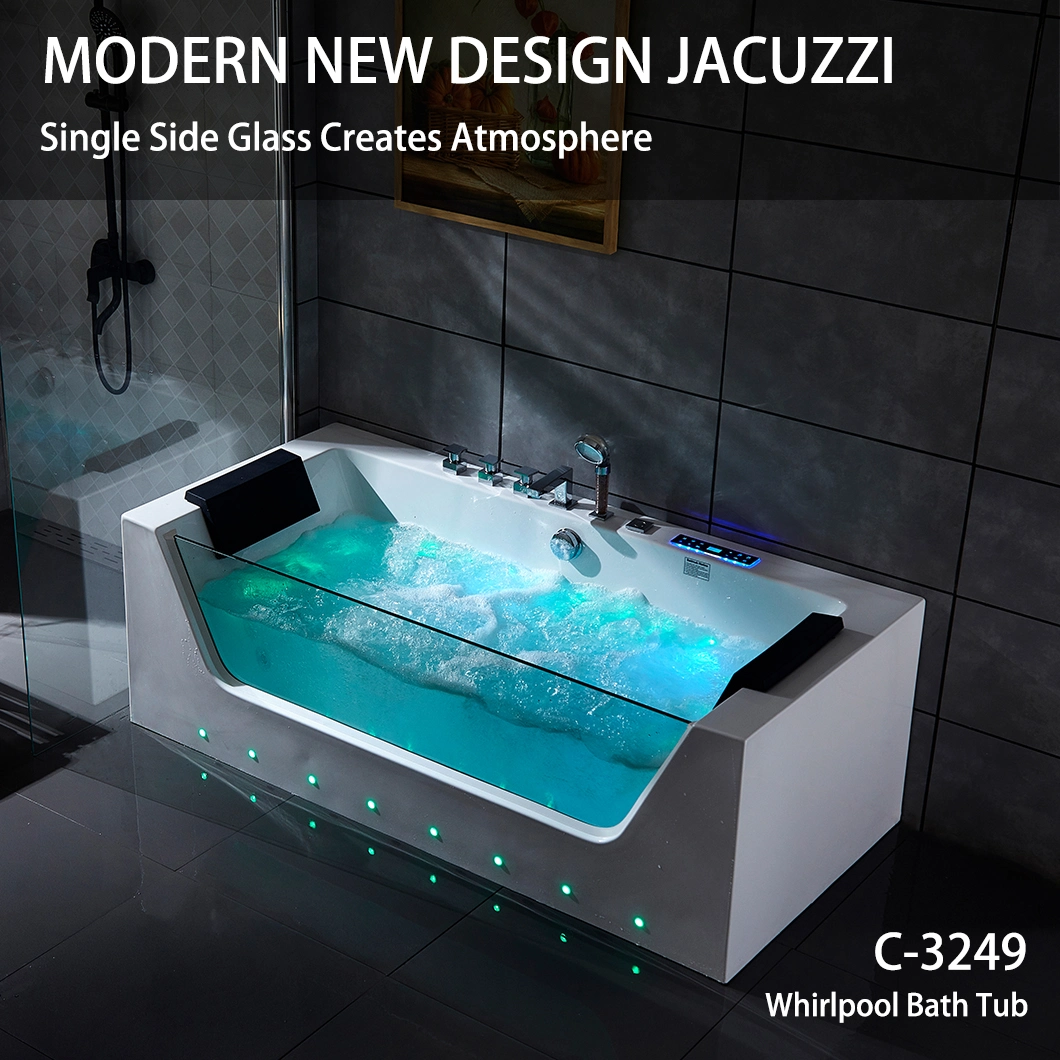 New Acrylic Walk in Glass Side Skirt Baignoire Indoor Smart SPA Waterfall Massage Bathtub with Pillows