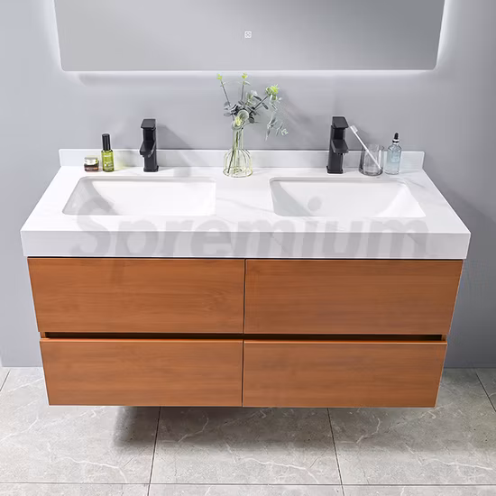 China Supplier Modern Wall Mounted Large 4 Drawer Storage Plywood Cabinet LED Mirror Bathroom Vanity with Double Sink in High Quality